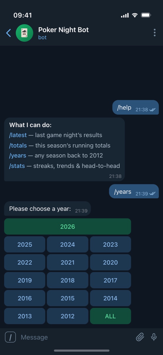 The /years command showing an inline keyboard of every season back to 2012